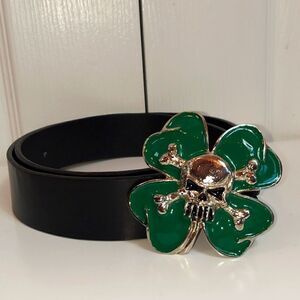Hot Topic Green 4 Leaf Clover Skull Bones Belt 36